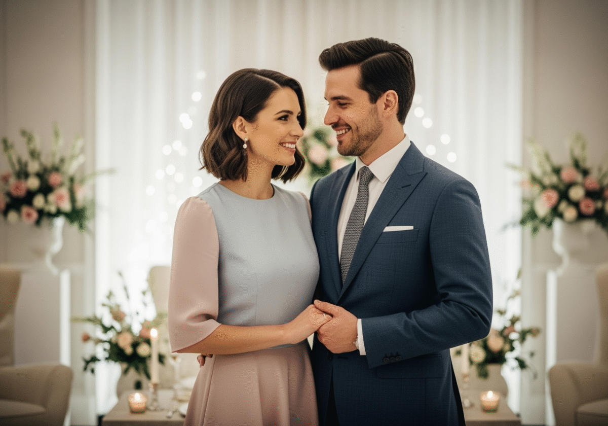 Para elegancko ubrana na rocznicę ślubu, stojąca razem w przytulnym, udekorowanym wnętrzu.