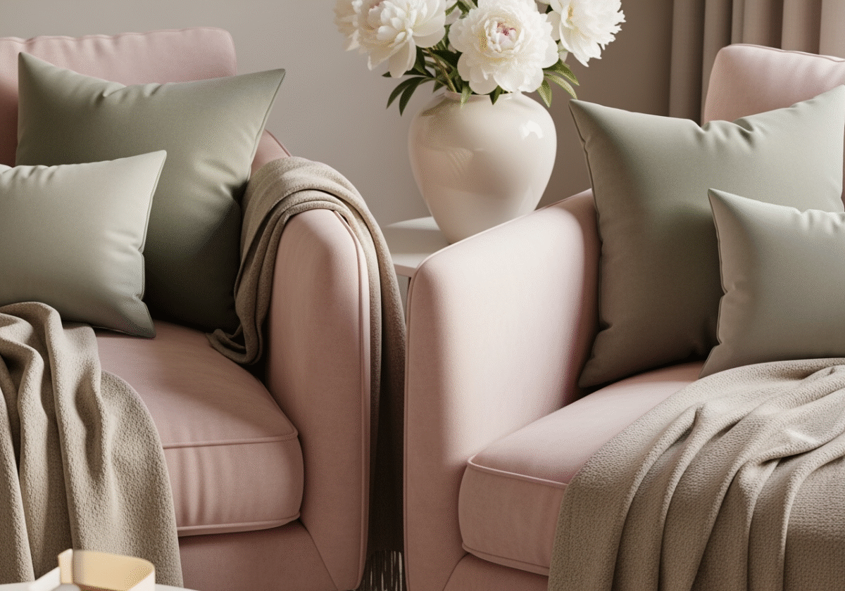 Różowy aksamitny fotel z poduszkami, pledem i wazonem z białymi peoniami w pastelowym wnętrzu