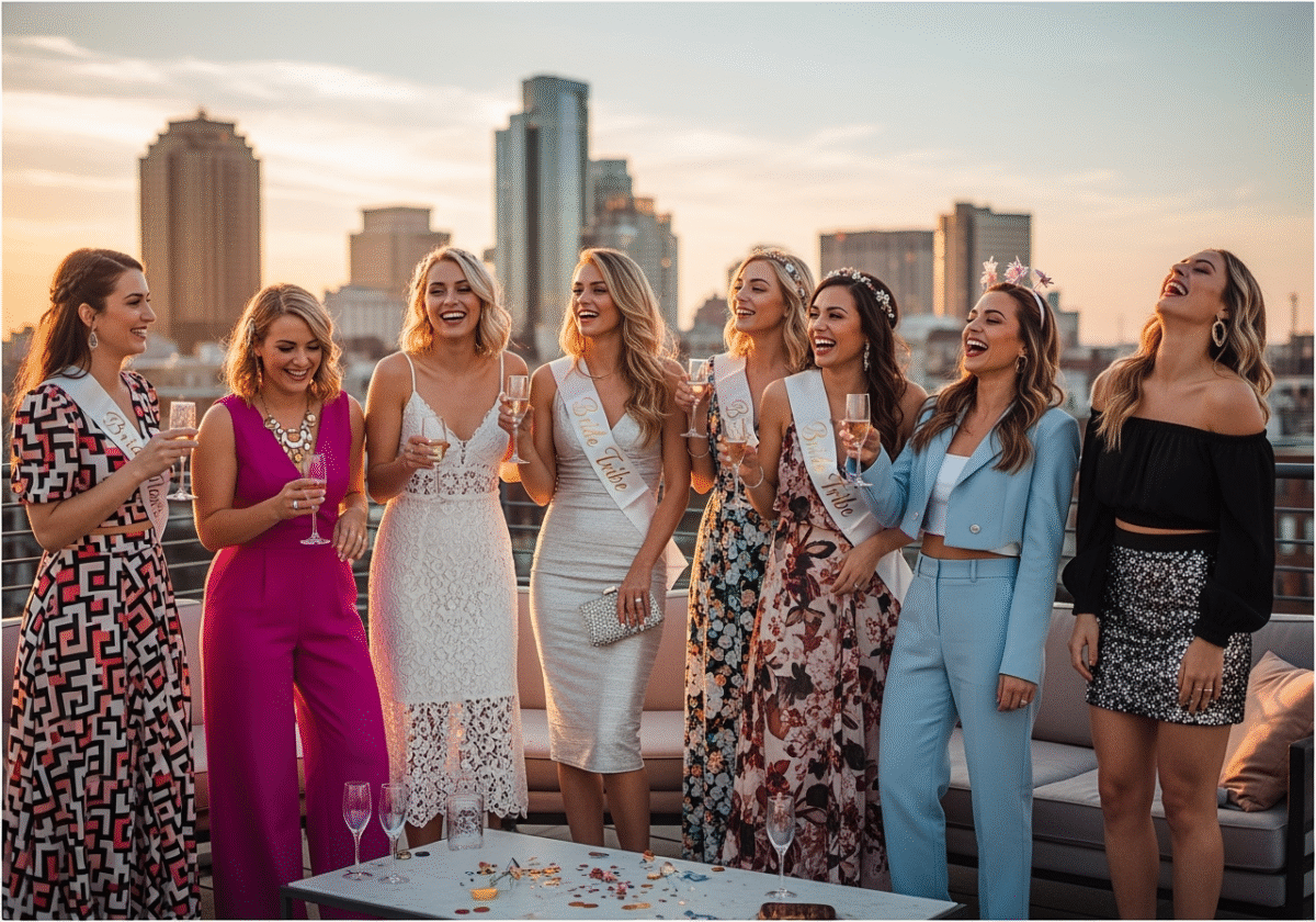 Grupa młodych kobiet na imprezie panieńskiej na dachu w modnych stylizacjach podczas złotej godziny