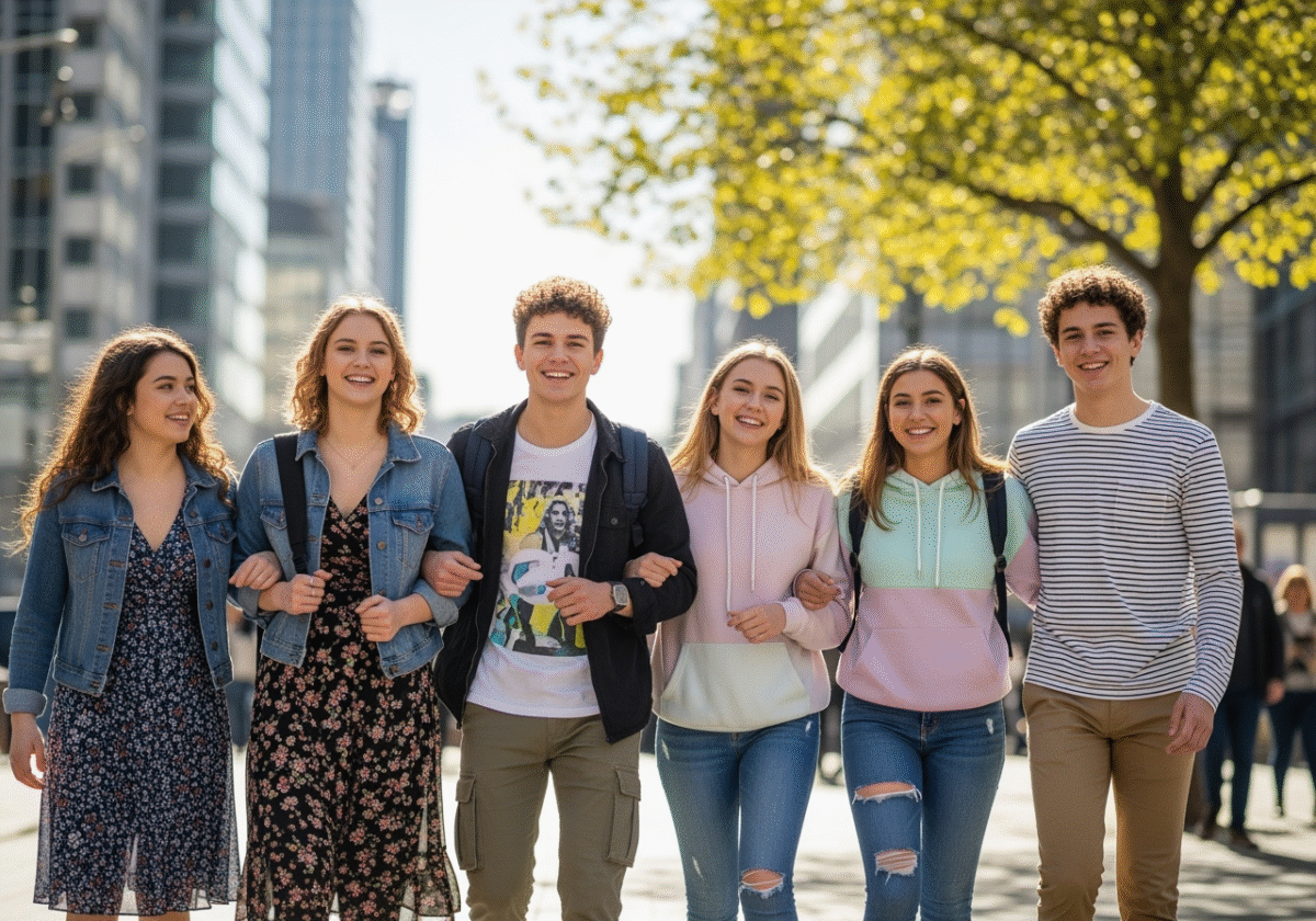 Grupa nastoletnich przyjaciół w casualowych ubraniach spaceruje razem na tle miejskim w świetle dziennym