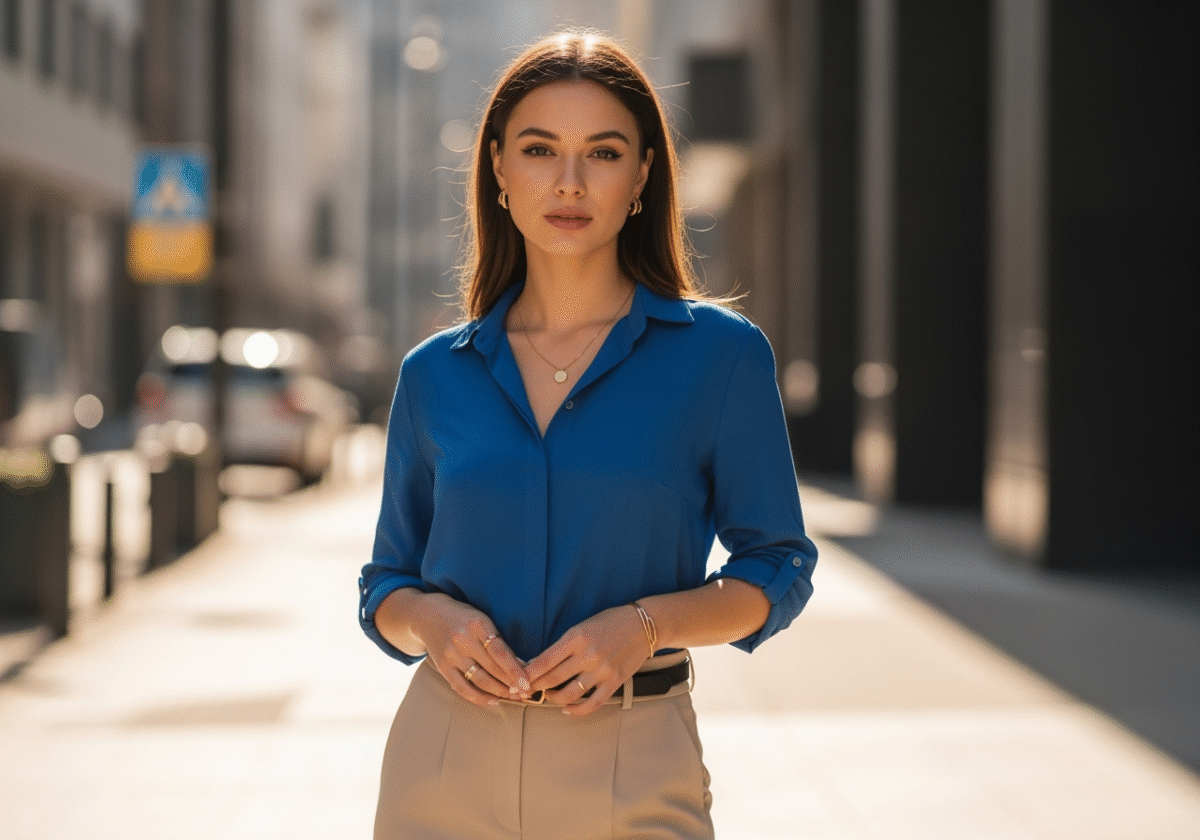 Młoda kobieta w niebieskiej koszuli i beżowych spodniach na miejskiej ulicy w naturalnym świetle.