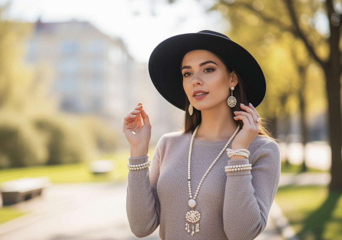 Stylowa młoda kobieta w kapeluszu na tle rozmytego miejskiego parku, naturalne światło, pewna postawa