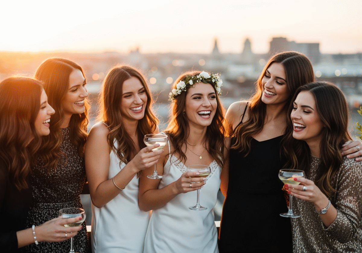 Grupa kobiet na wieczorze panieńskim świętuje razem o zachodzie słońca w miejskim otoczeniu