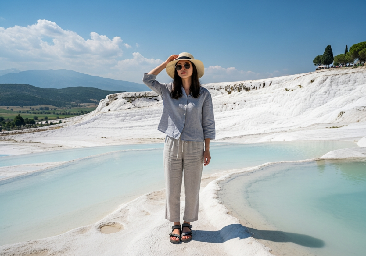 Młoda kobieta w lnianym ubraniu i kapeluszu stoi na tarasach Pamukkale z termalnymi basenami.