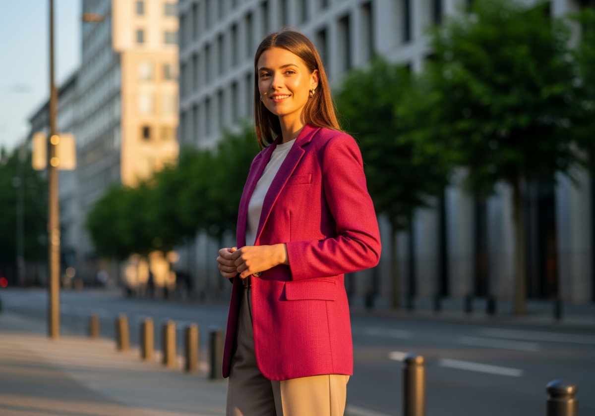 Młoda kobieta w malinowej marynarce i neutralnych spodniach na miejskiej ulicy podczas złotej godziny
