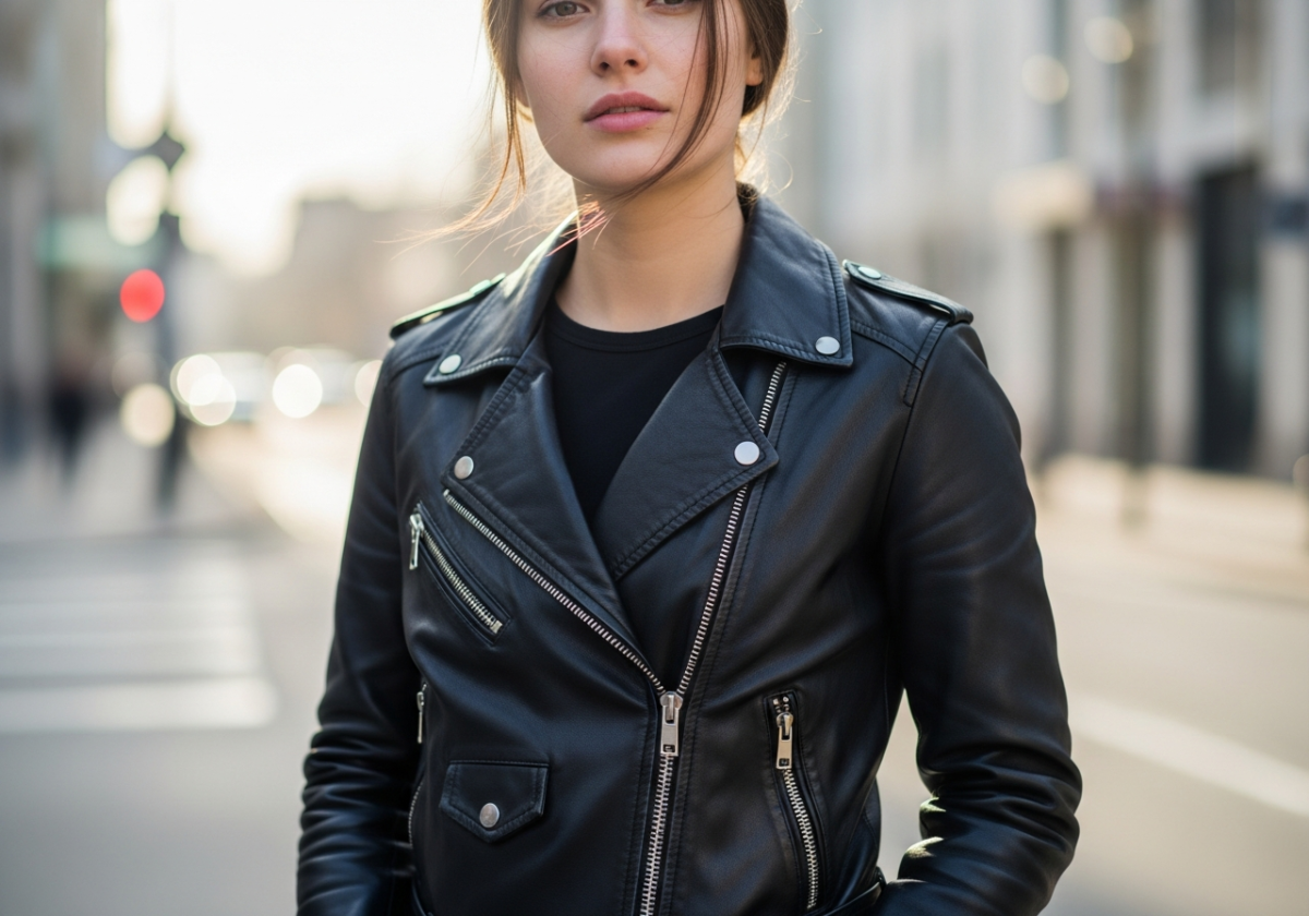 Młoda kobieta w czarnej skórzanej kurtce stoi pewnie na miejskiej ulicy w naturalnym świetle