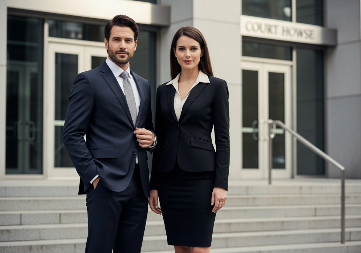 Mężczyzna i kobieta w formalnych strojach stoją przed nowoczesnym budynkiem sądu w ciągu dnia.