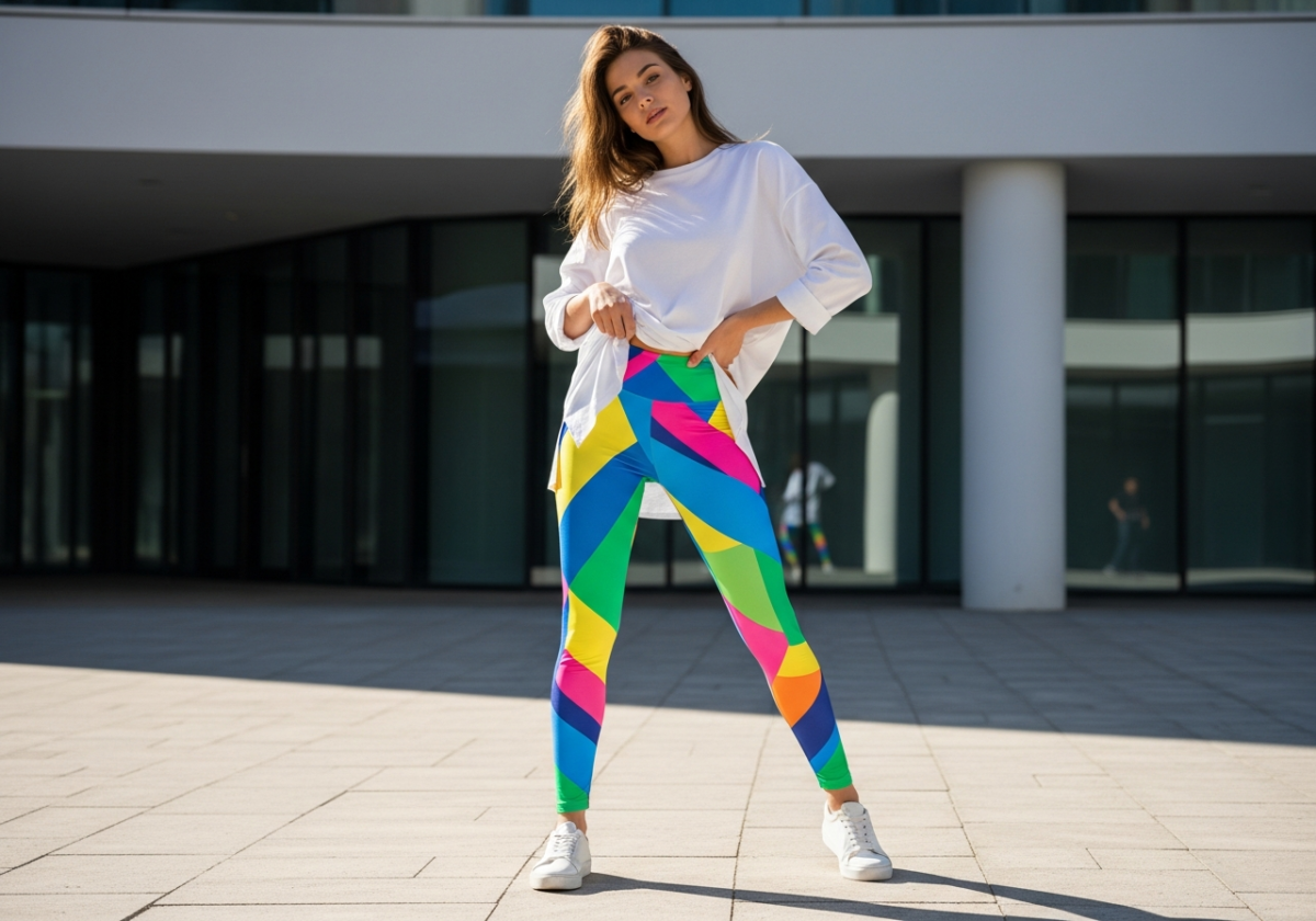 Młoda kobieta w kolorowych legginsach z geometrycznym wzorem, biała koszula, białe sneakersy, miejska sceneria.