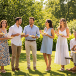 Grupa współpracowników na firmowym grillu na świeżym powietrzu w letnich ubraniach, rozmawiająca i jedząca.