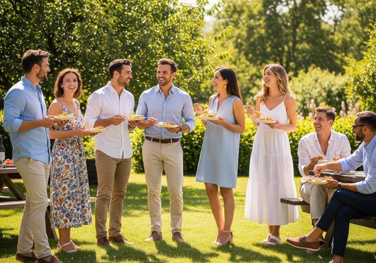 Grupa współpracowników na firmowym grillu na świeżym powietrzu w letnich ubraniach, rozmawiająca i jedząca.