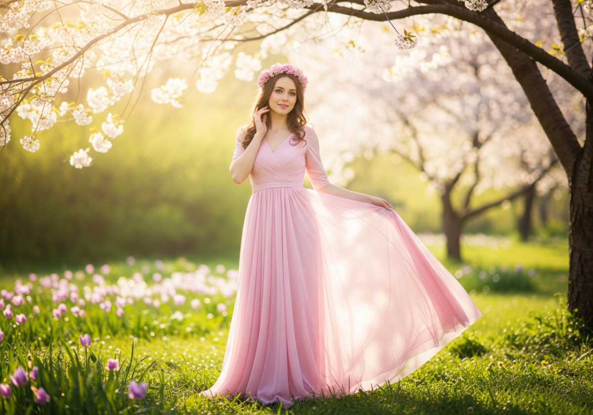 Młoda kobieta w pastelowej sukience wiosną w ogrodzie z kwitnącymi drzewami wiśniowych kwiatów.