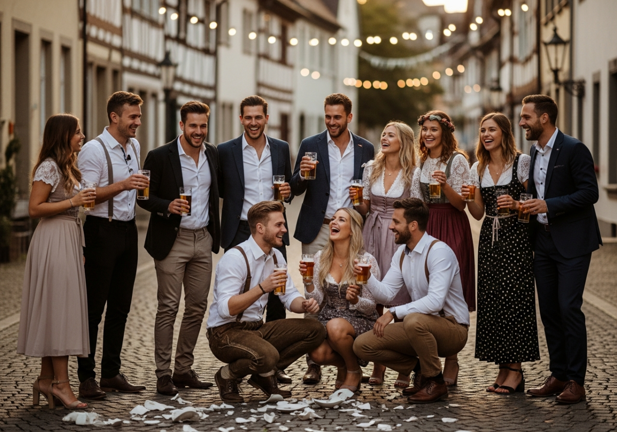 Grupa młodych ludzi na tradycyjnej niemieckiej imprezie polterabend na zewnątrz wieczorem