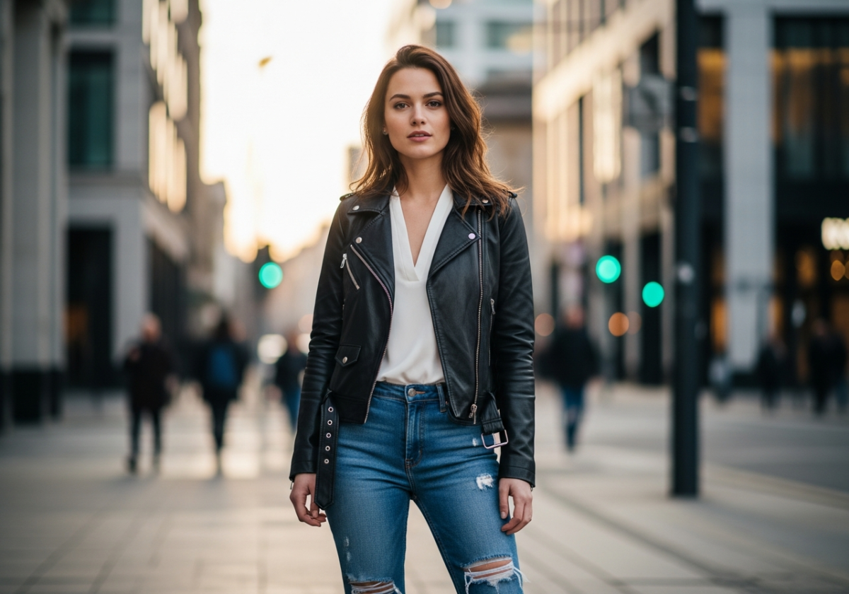 Młoda kobieta w czarnej skórzanej kurtce i jeansach stoi na miejskiej ulicy podczas złotej godziny