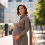 Kobieta w ciąży w wygodnej odzieży ciążowej stoi na zewnątrz, trzymając rękę na brzuchu.