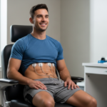 Mężczyzna przygotowujący się do testu wysiłkowego na medycznym fotelu z EKG na klatce piersiowej