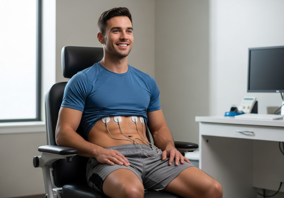 Mężczyzna przygotowujący się do testu wysiłkowego na medycznym fotelu z EKG na klatce piersiowej