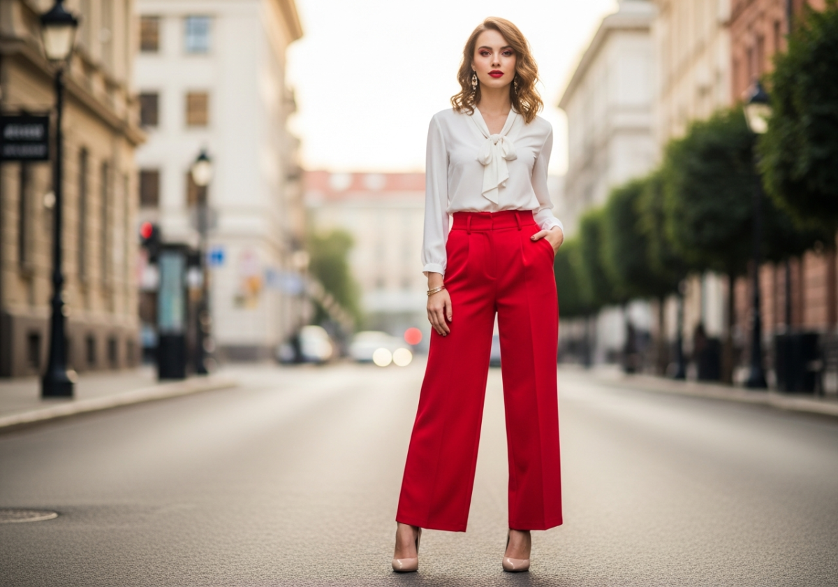 Młoda kobieta w czerwonych spodniach i białej bluzce na ulicy miasta z rozmytym tłem miasta.