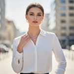 Młoda kobieta w białej koszuli stoi na tle nieostrego miejskiego krajobrazu w naturalnym świetle.