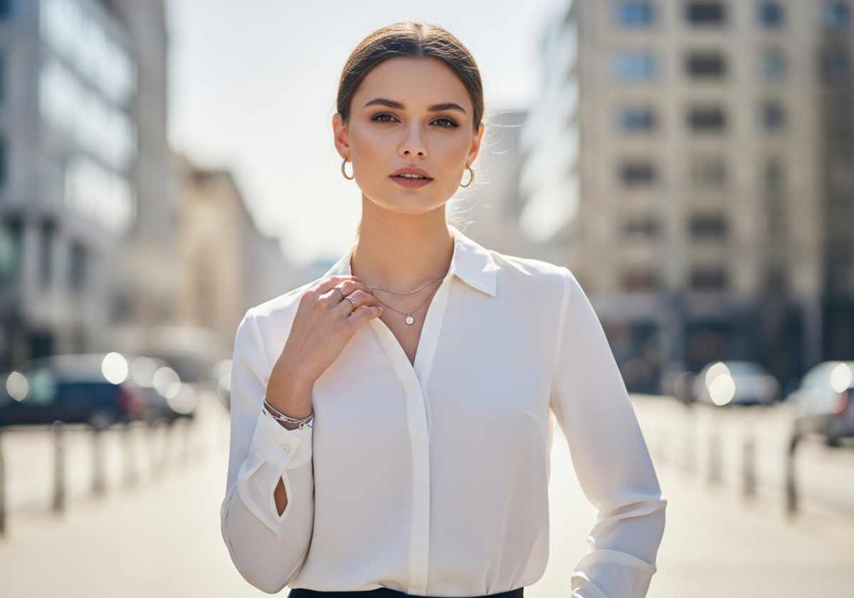 Młoda kobieta w białej koszuli stoi na tle nieostrego miejskiego krajobrazu w naturalnym świetle.