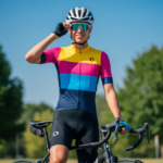 Kolarz w nowoczesnym stroju stoi przy rowerze na tle zieleni i nieba, poprawiając okulary przeciwsłoneczne.