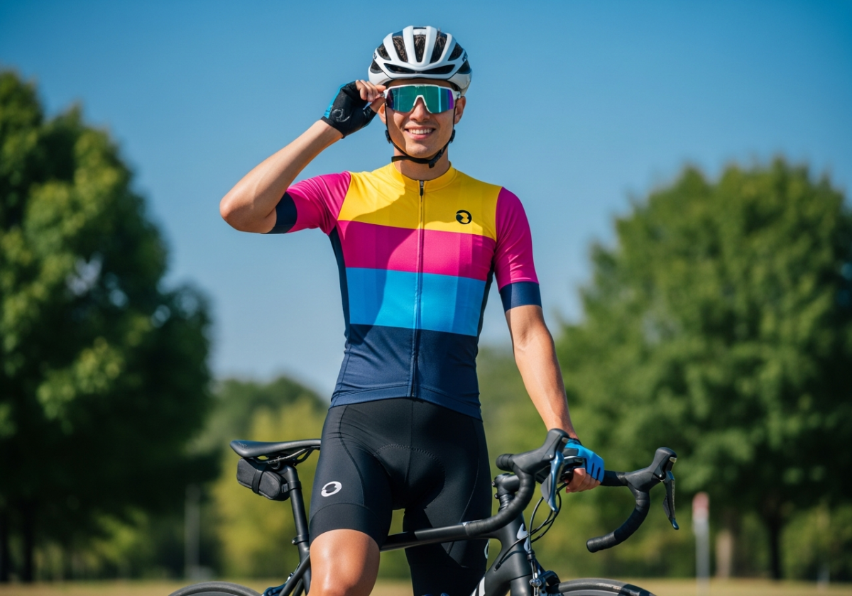 Kolarz w nowoczesnym stroju stoi przy rowerze na tle zieleni i nieba, poprawiając okulary przeciwsłoneczne.