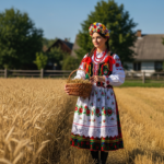 Kobieta w tradycyjnym stroju ludowym trzyma koszyk ziaren na polu podczas żniw z drewnianym płotem w tle