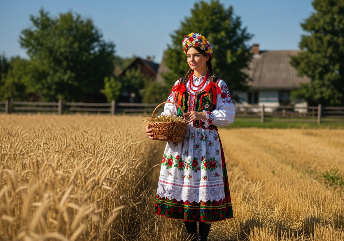 Kobieta w tradycyjnym stroju ludowym trzyma koszyk ziaren na polu podczas żniw z drewnianym płotem w tle
