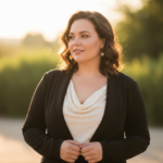 Pewna siebie kobieta plus size w eleganckim ubraniu na tle zieleni w naturalnym świetle popołudniowym