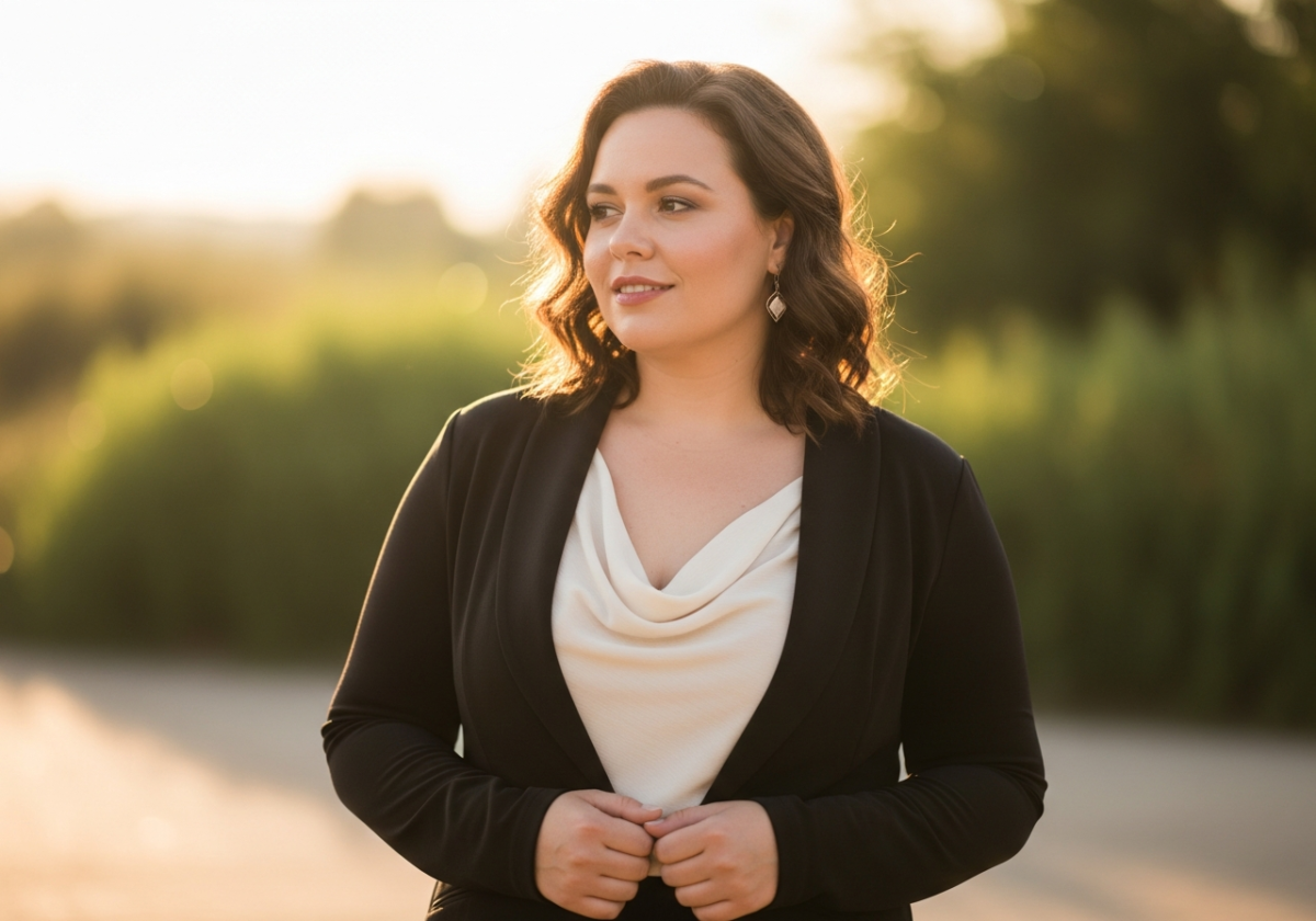 Pewna siebie kobieta plus size w eleganckim ubraniu na tle zieleni w naturalnym świetle popołudniowym