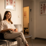 Młoda kobieta siedzi w nowoczesnej poczekalni kliniki ginekologicznej, przygotowana na wizytę.
