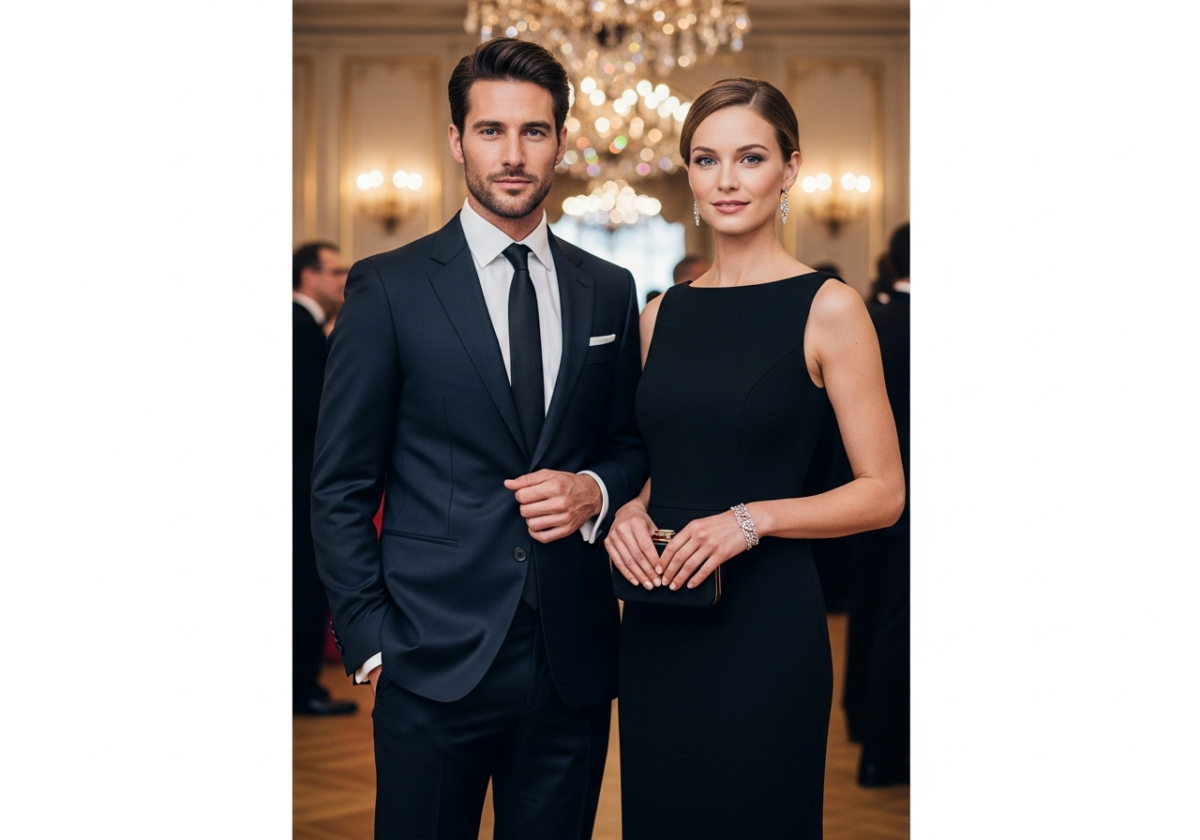 Mężczyzna w granatowym garniturze i kobieta w czarnej sukni stoją na eleganckim bankiecie.