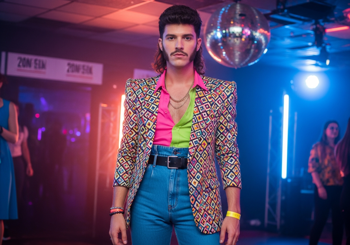 Mężczyzna w stylu lat 80. na imprezie, kolorowy blezer, neonowa koszula, jeansy, mullet, disco kula w tle