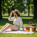 Młoda kobieta na kocu piknikowym w parku, obok kosz piknikowy z lemoniadą i owocami.