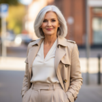 Kobieta w eleganckim płaszczu stoi na miejskiej ulicy w miękkim świetle jesiennego popołudnia.