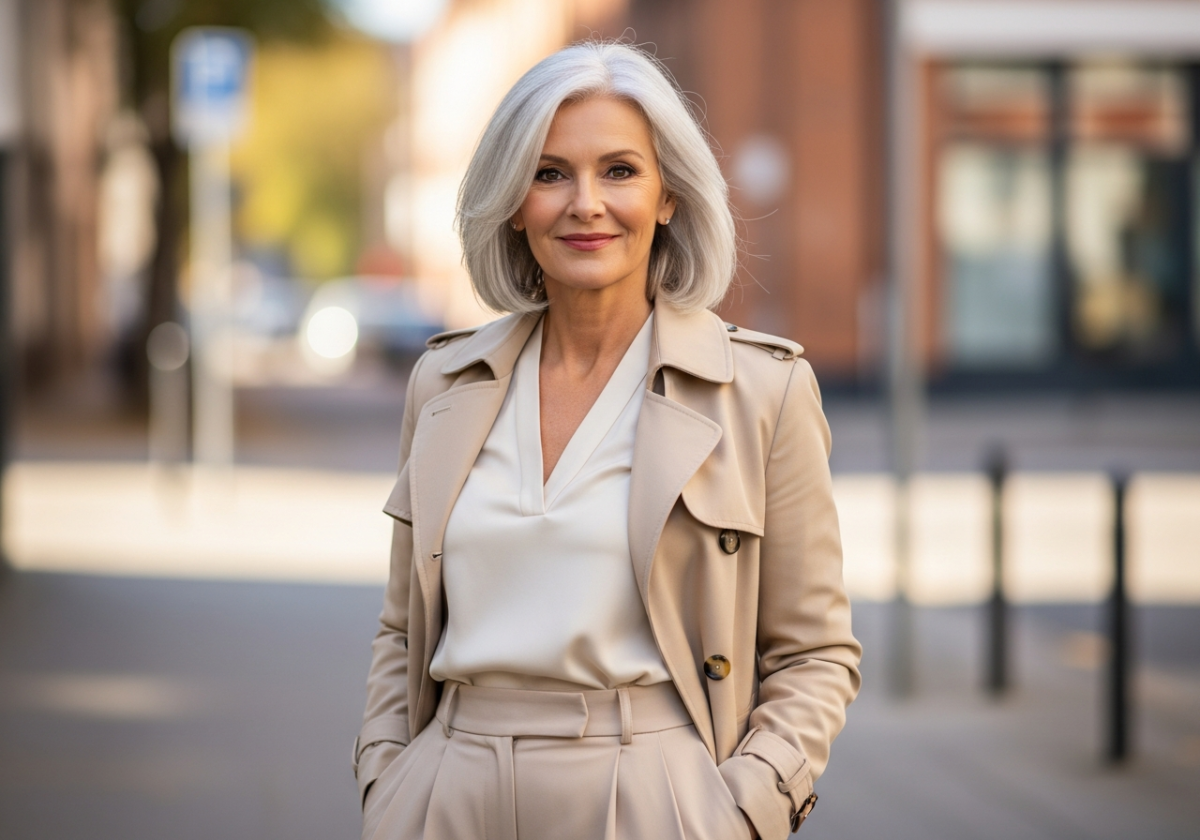 Kobieta w eleganckim płaszczu stoi na miejskiej ulicy w miękkim świetle jesiennego popołudnia.