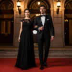 Para w eleganckim stroju przy luksusowym teatrze operowym oświetlonym ciepłym światłem nocą.