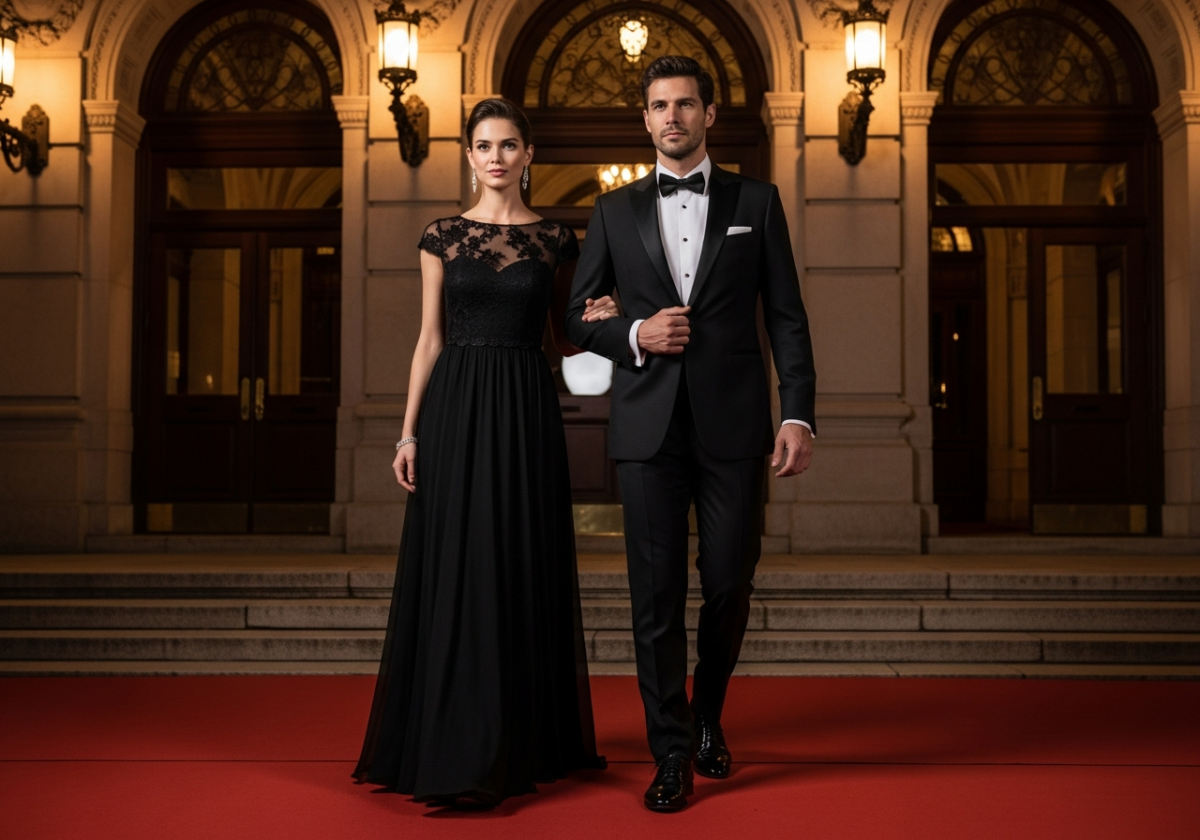Para w eleganckim stroju przy luksusowym teatrze operowym oświetlonym ciepłym światłem nocą.