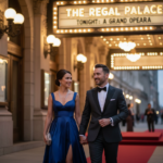 Elegancka para przy wejściu do teatru na czerwonym dywanie w ciepłym wieczornym świetle.