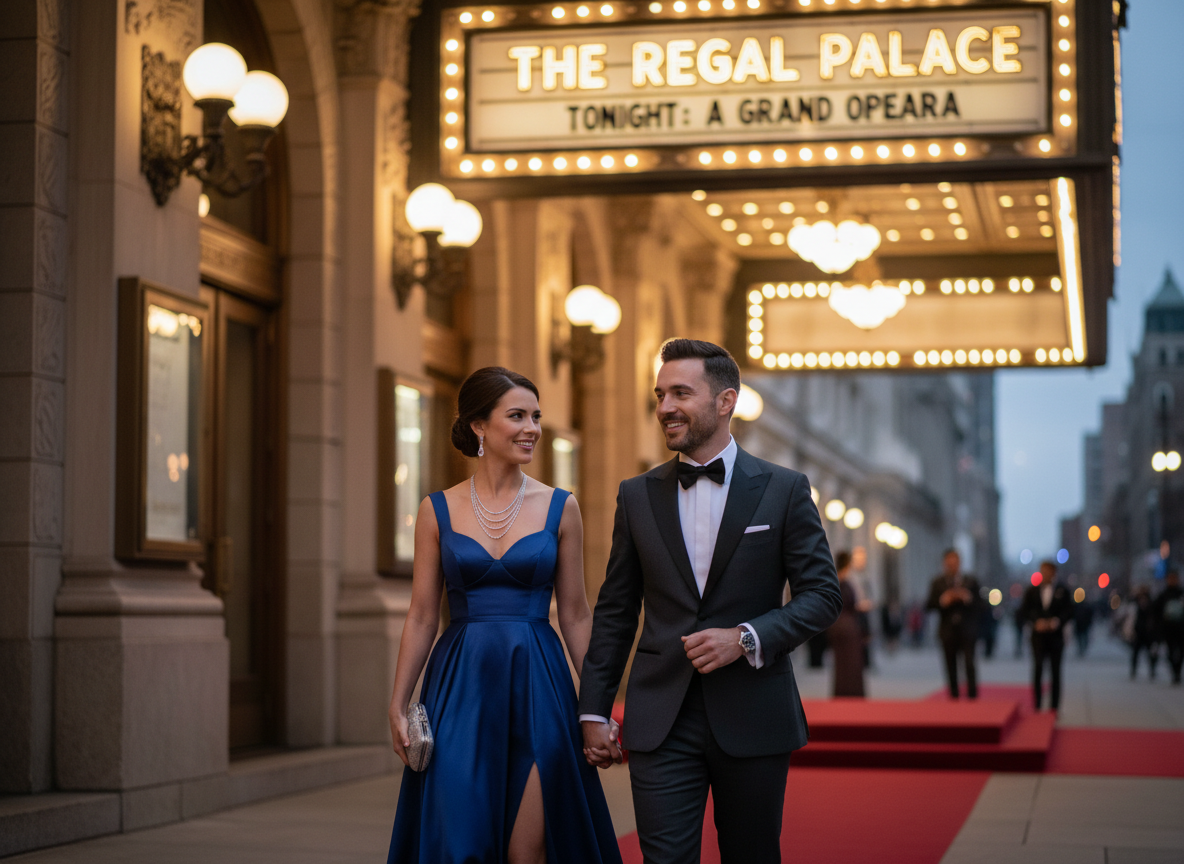 Elegancka para przy wejściu do teatru na czerwonym dywanie w ciepłym wieczornym świetle.
