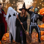 Grupa młodych osób w różnorodnych kostiumach halloweenowych stoi na zewnątrz o zmierzchu