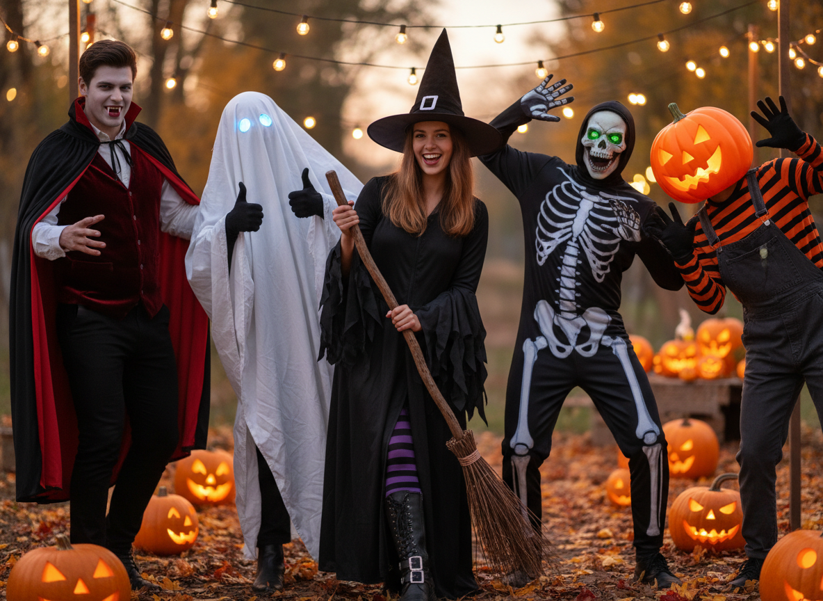Grupa młodych osób w różnorodnych kostiumach halloweenowych stoi na zewnątrz o zmierzchu